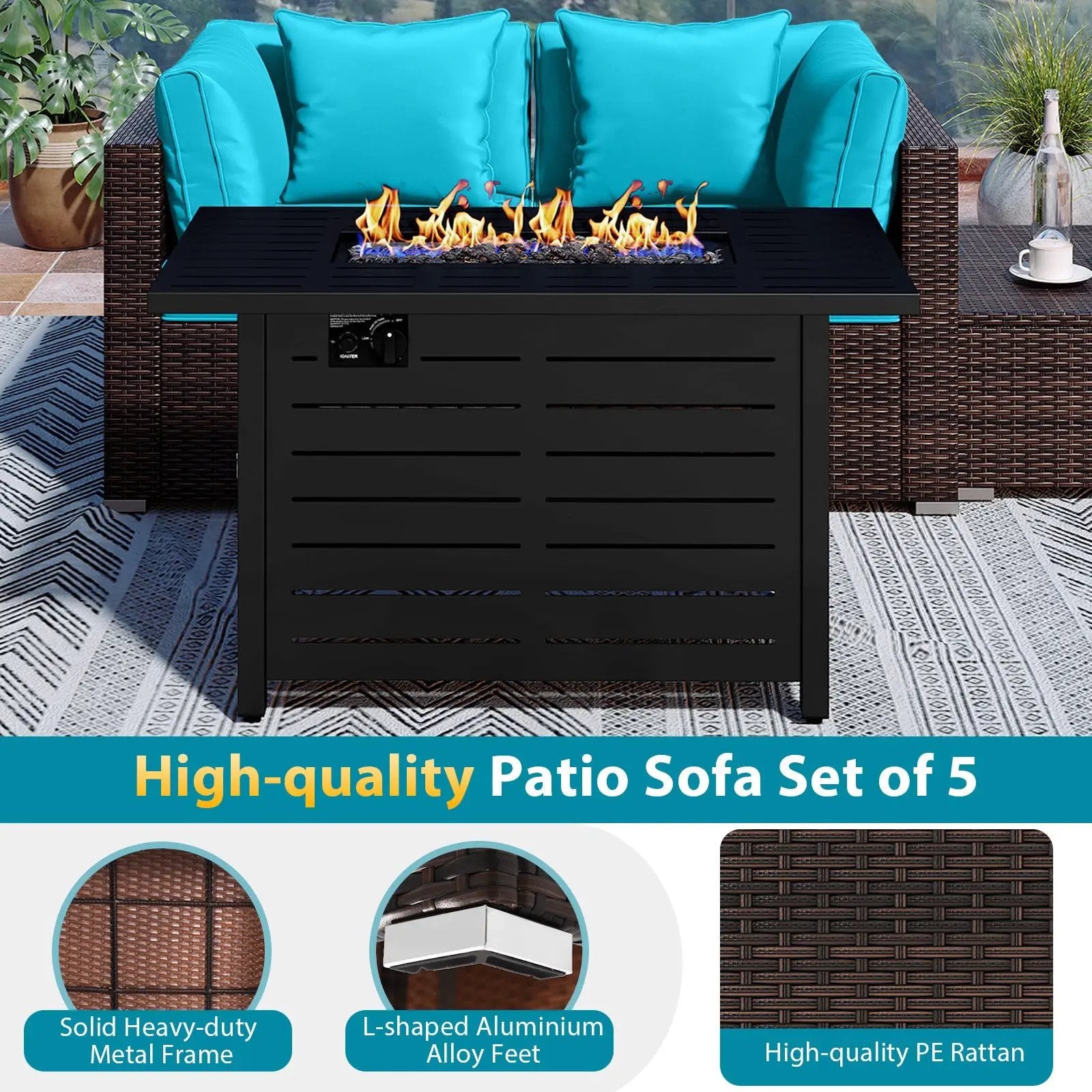 Heavy-duty Frame Rattan Sofa Set with 60000 BTU Firepit Table by DirectDeals