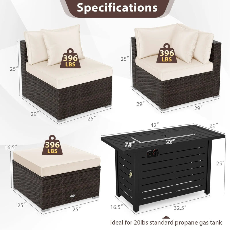 Heavy-duty Frame Rattan Sofa Set with 60000 BTU Firepit Table by DirectDeals