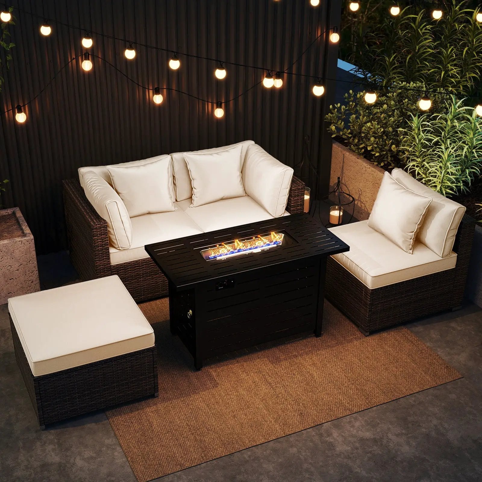 Heavy-duty Frame Rattan Sofa Set with 60000 BTU Firepit Table by DirectDeals