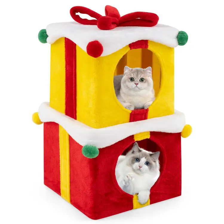 Cat Furniture Set with 58 Inch Tall Cat Tree Tower and 2 Gift Box Shaped Cute Christmas Cat House by DirectDeals