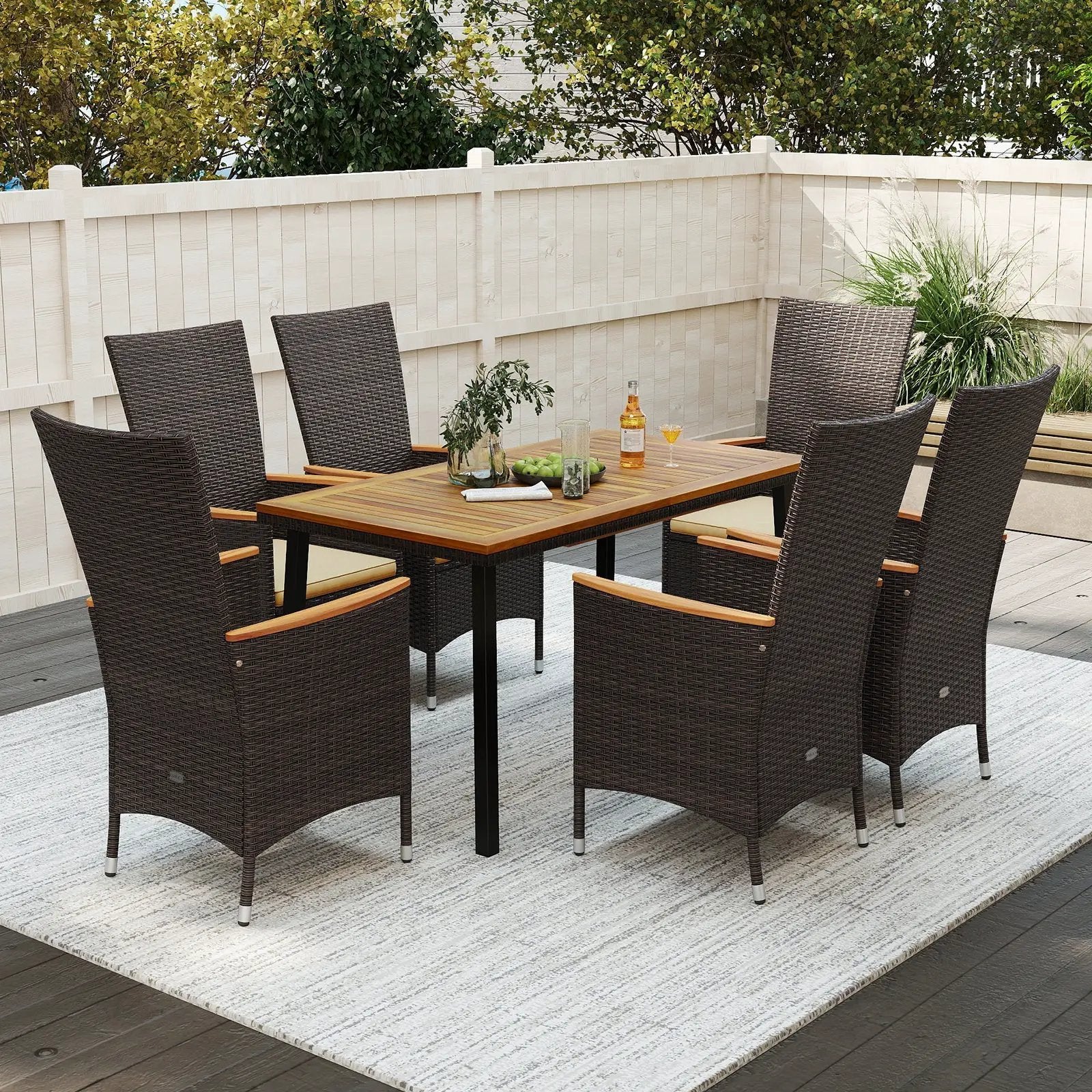 Outdoor Dining Set for 6 Patio Wicker Armchairs and Acacia Wood Table by DirectDeals