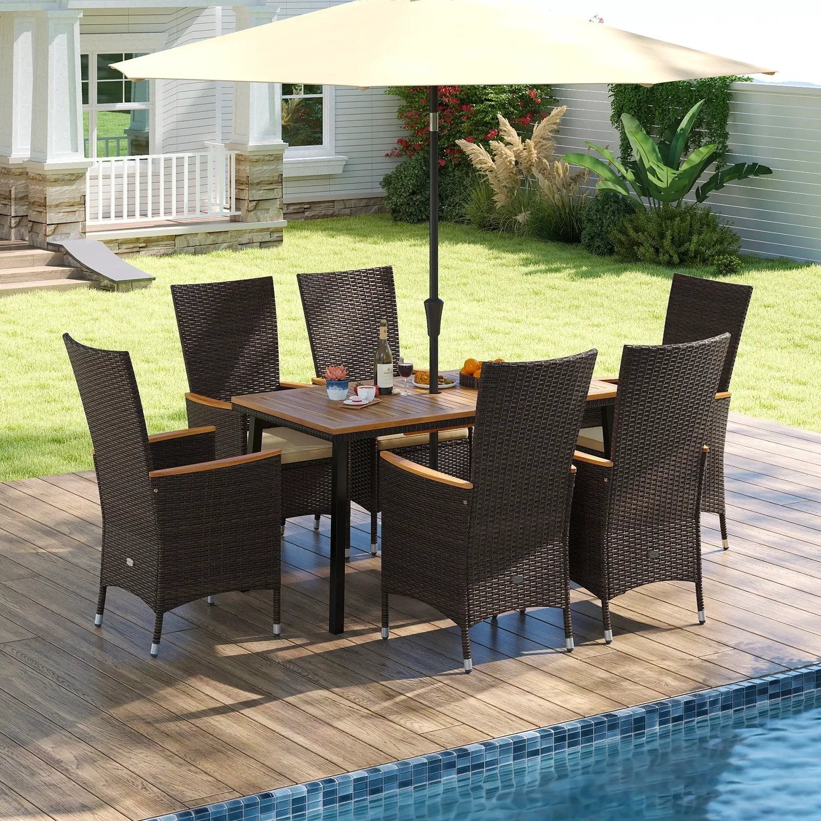 Outdoor Dining Set for 6 Patio Wicker Armchairs and Acacia Wood Table by DirectDeals