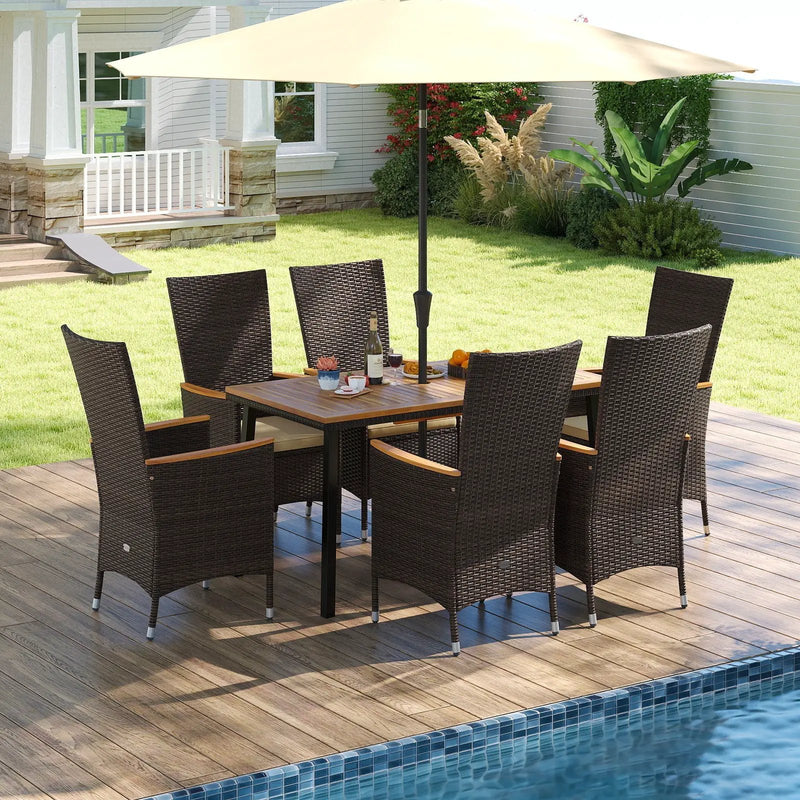 Outdoor Dining Set for 6 Patio Wicker Armchairs and Acacia Wood Table by DirectDeals
