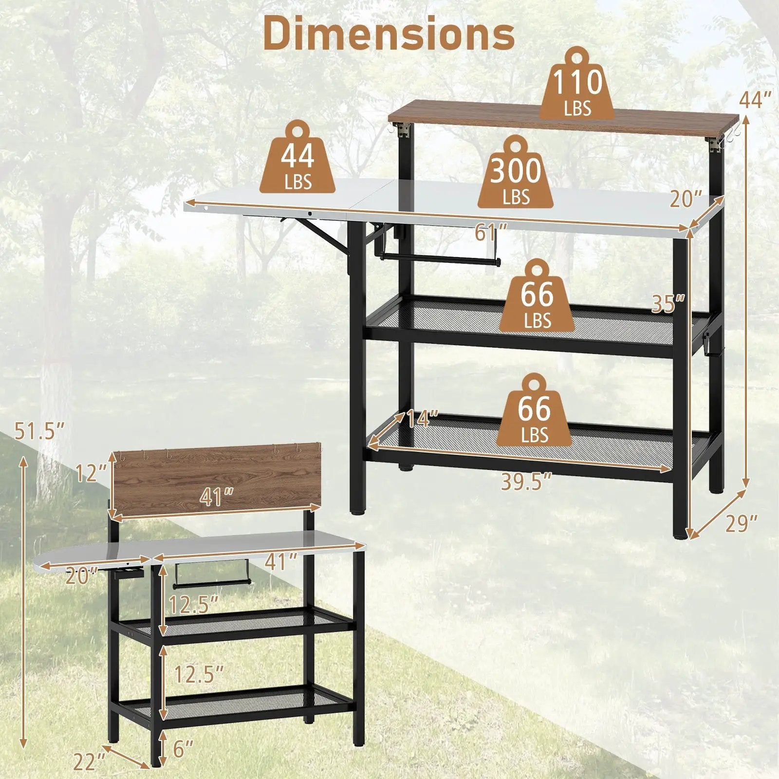 Outdoor Foldable Grill Table with Flip-Up Top and 2 Storage Shelves for Backyard Garden by DirectDeals