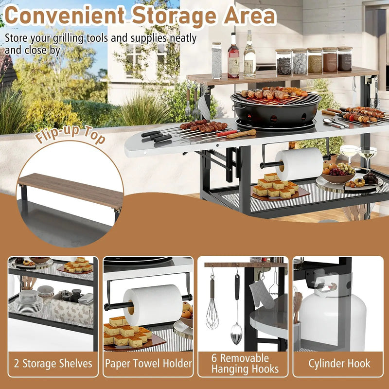 Outdoor Foldable Grill Table with Flip-Up Top and 2 Storage Shelves for Backyard Garden by DirectDeals