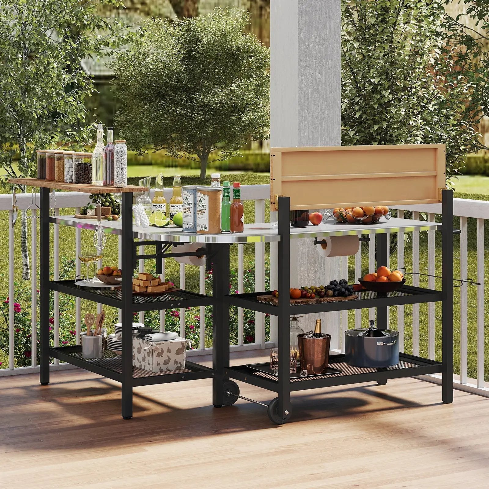 Outdoor Foldable Grill Table with Flip-Up Top and 2 Storage Shelves for Backyard Garden by DirectDeals