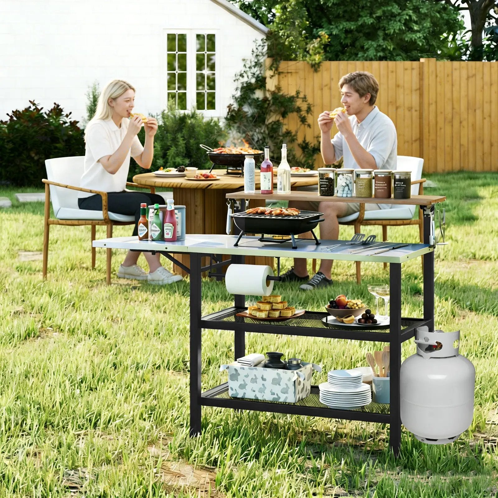 Outdoor Foldable Grill Table with Flip-Up Top and 2 Storage Shelves for Backyard Garden by DirectDeals