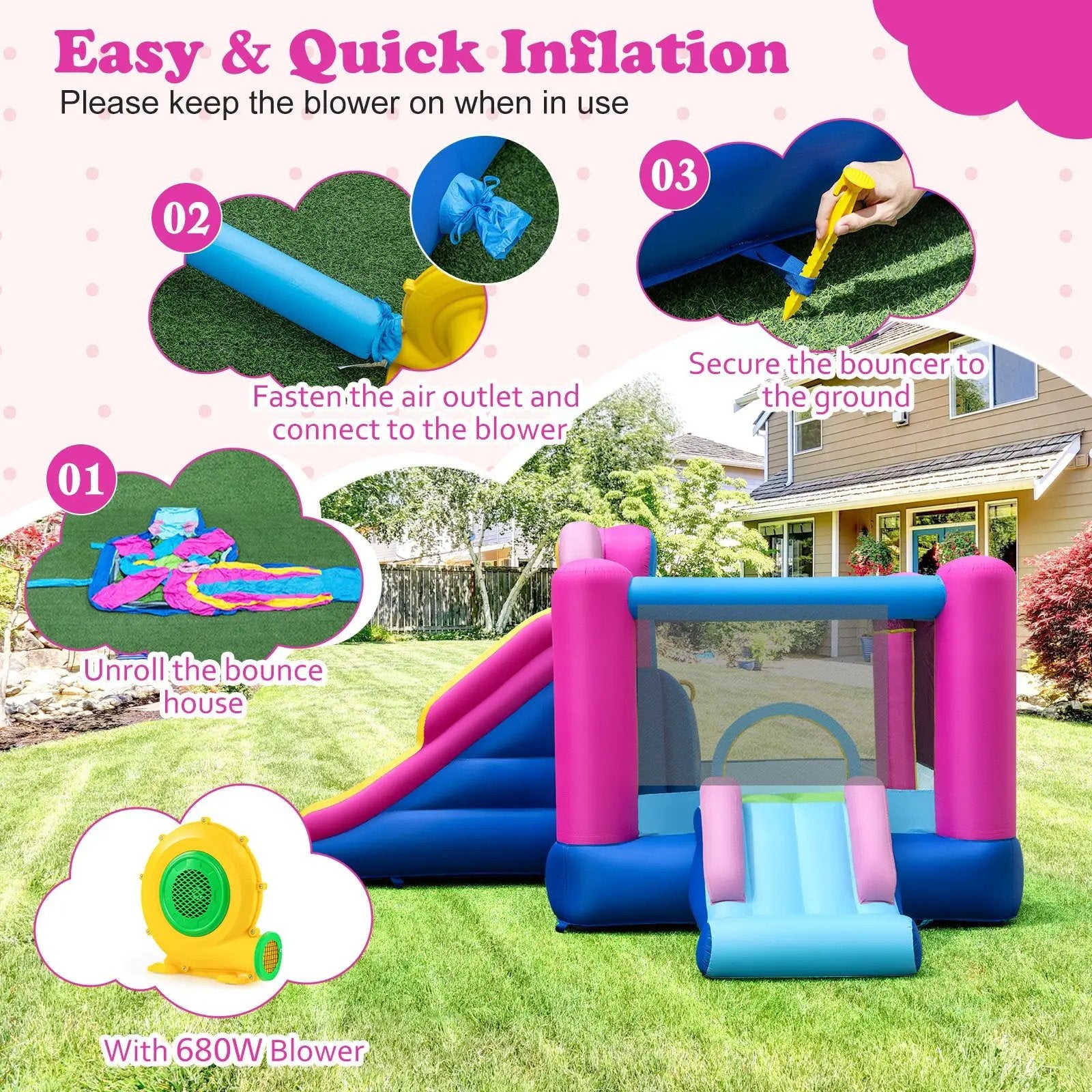 Inflatable Bounce House with Slides and Basketball Hoop (with 680W Blower) by DirectDeals
