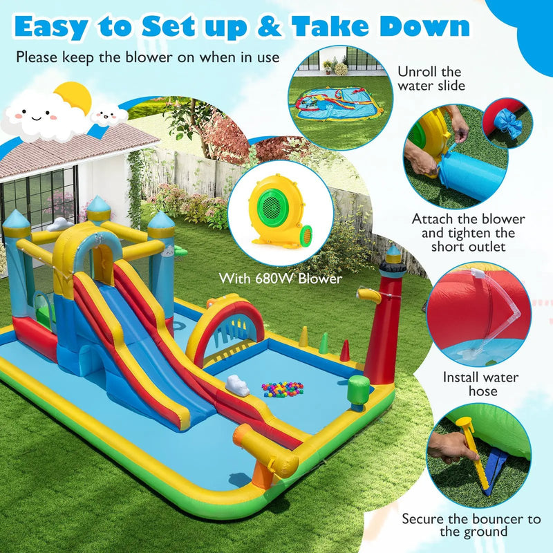 Inflatable Water Slide with Jumping Area and Climbing Wall(with 680W Blower) by DirectDeals
