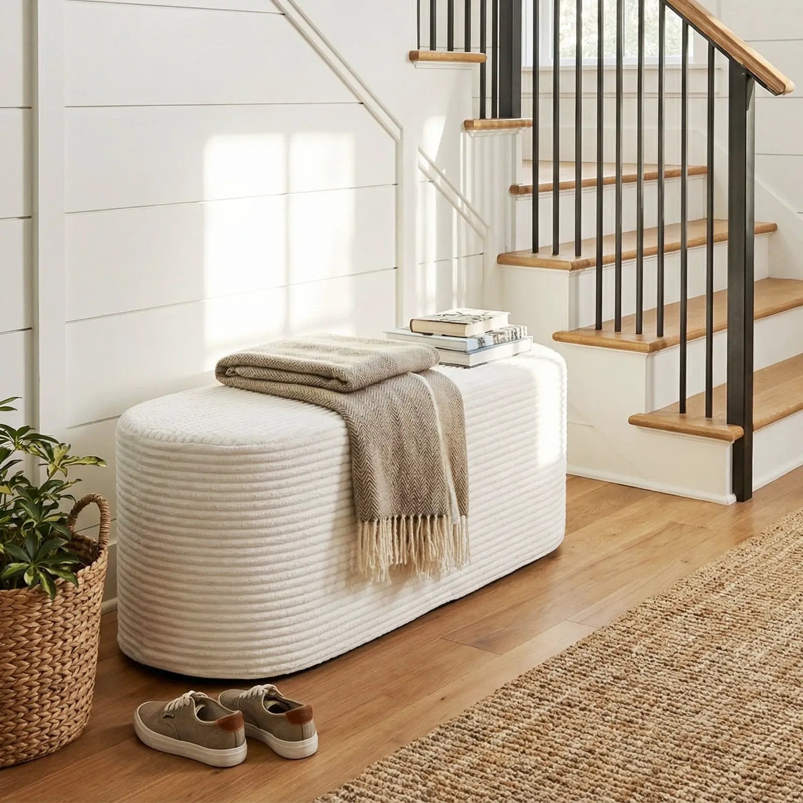 Upholstered Ottoman Bench with High-Density Sponge-Beige by DirectDeals