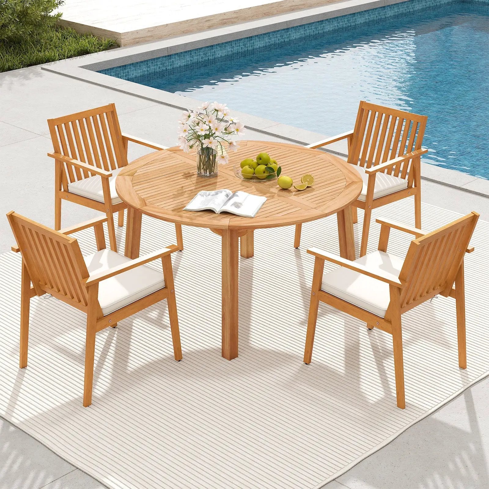 5 Pieces Acacia Wood Patio Dining Set with Umbrella Hole by DirectDeals