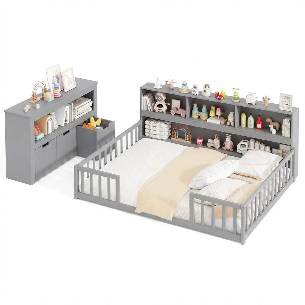 Montessori Twin Floor Bed and Kids Toy Storage Cabinet Bundle by DirectDeals