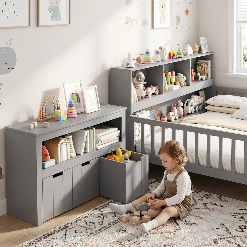 Montessori Twin Floor Bed and Kids Toy Storage Cabinet Bundle by DirectDeals