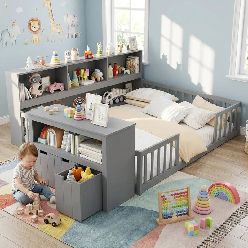 Montessori Twin Floor Bed and Kids Toy Storage Cabinet Bundle by DirectDeals