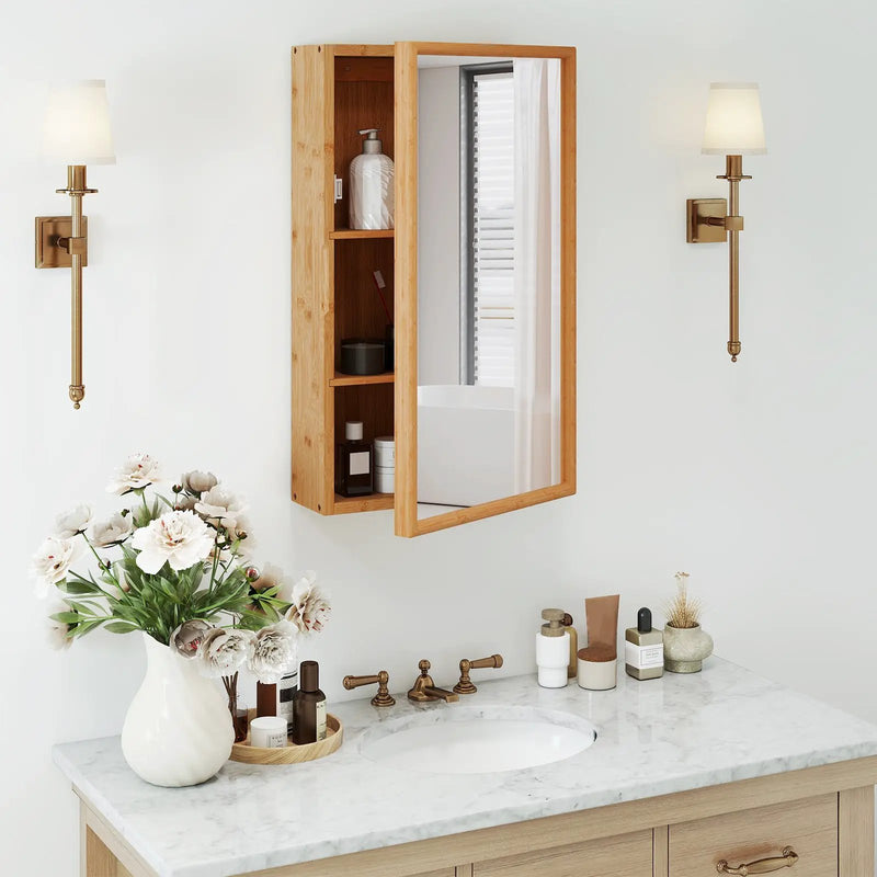 Bamboo Small Medicine Cabinet with Mirror Door and Removable Shelves-Natural by DirectDeals