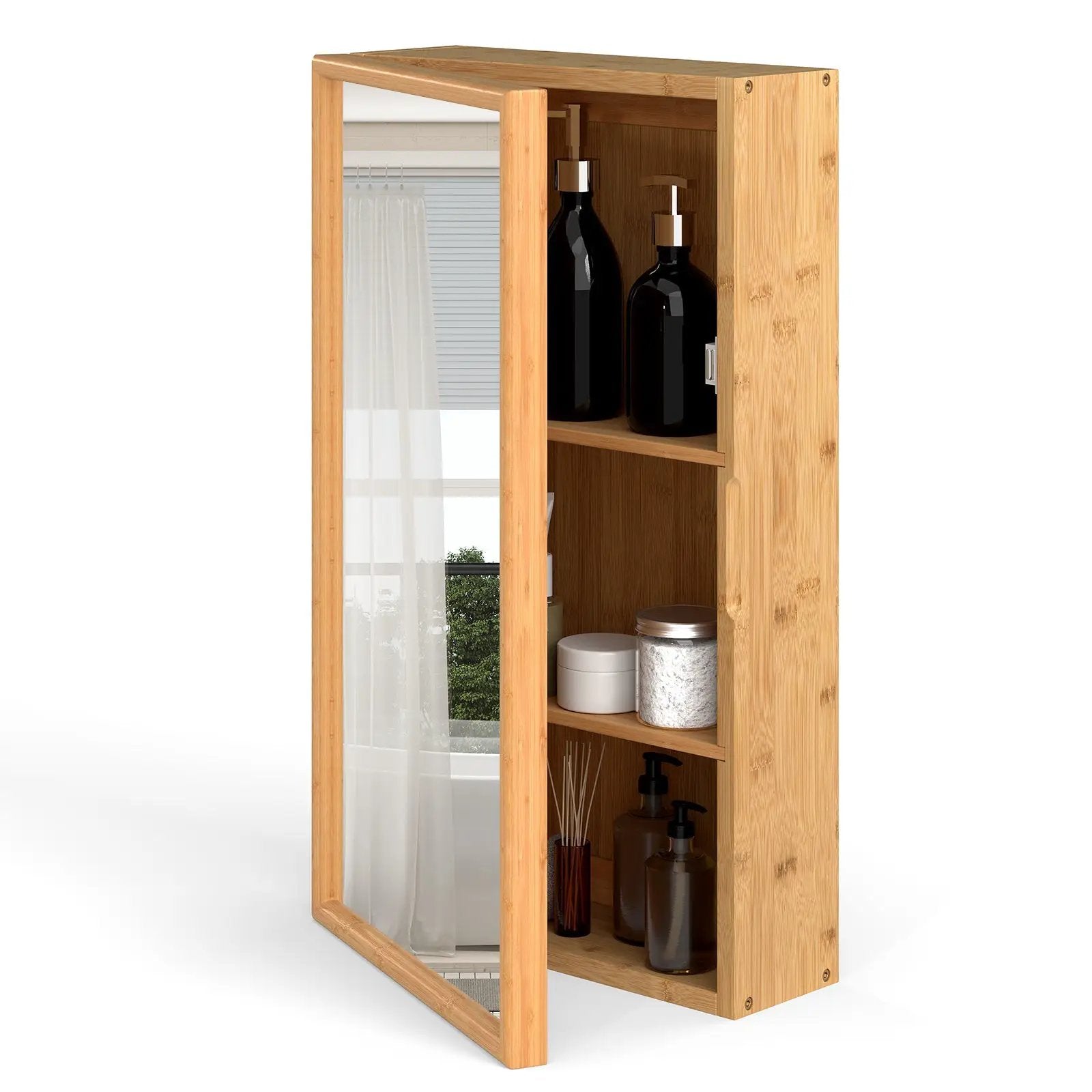 Bamboo Small Medicine Cabinet with Mirror Door and Removable Shelves-Natural by DirectDeals