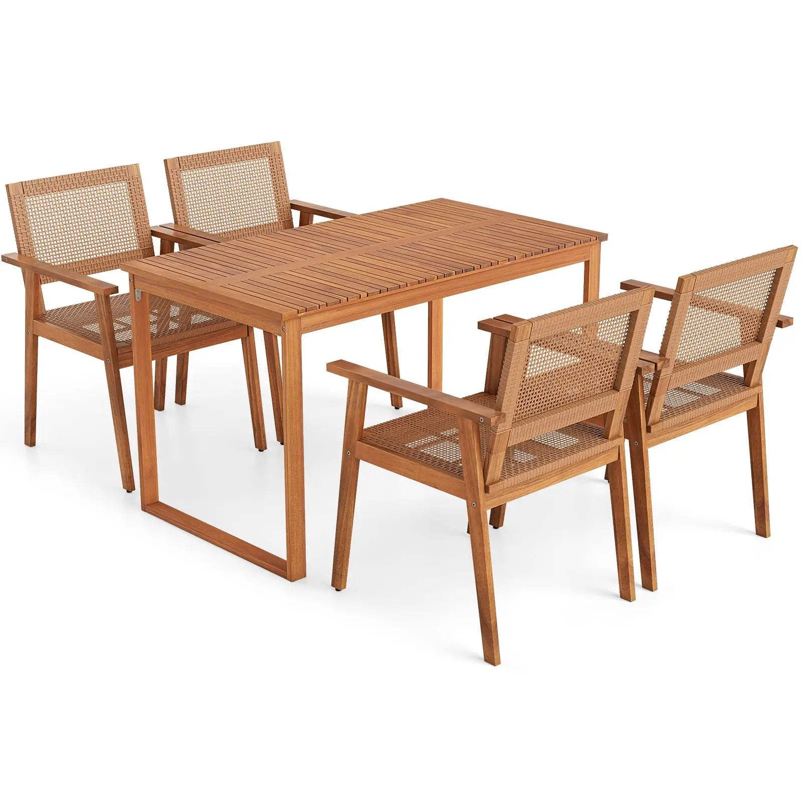 5 Pieces Acacia Wood Dining Set with Outdoor Table and Rattan Chairs for 4 Persons by DirectDeals