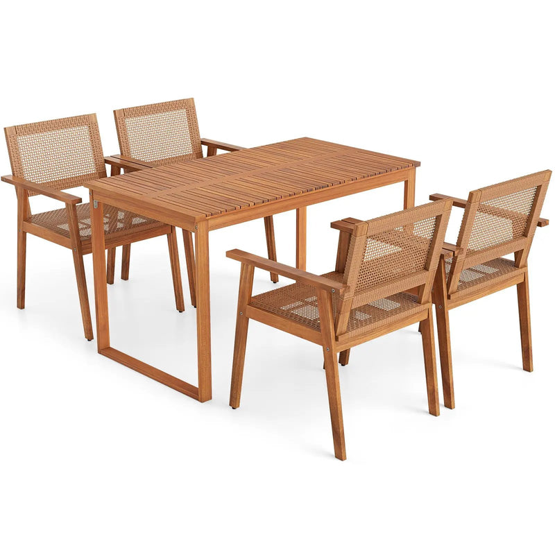 5 Pieces Acacia Wood Dining Set with Outdoor Table and Rattan Chairs for 4 Persons by DirectDeals