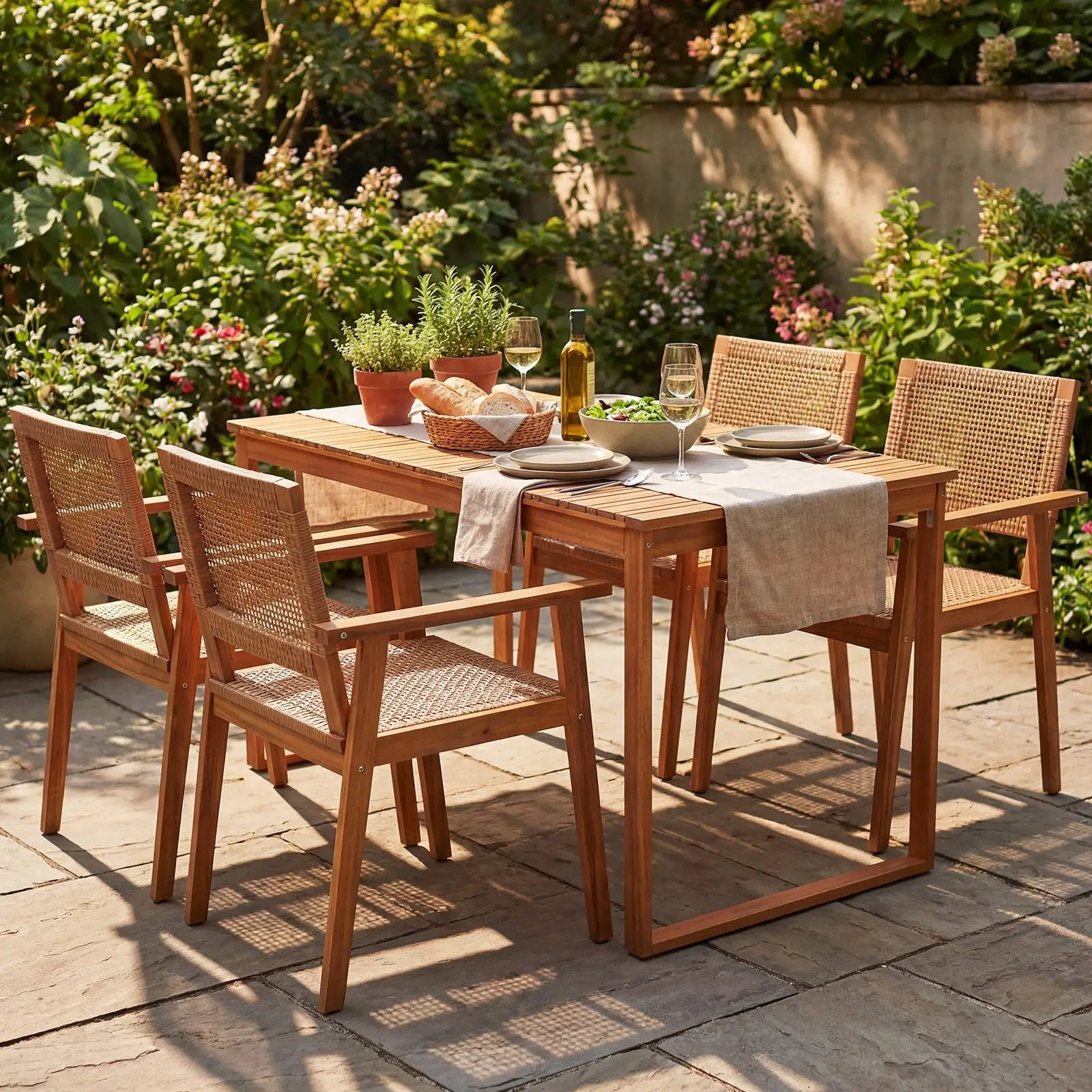 5 Pieces Acacia Wood Dining Set with Outdoor Table and Rattan Chairs for 4 Persons by DirectDeals
