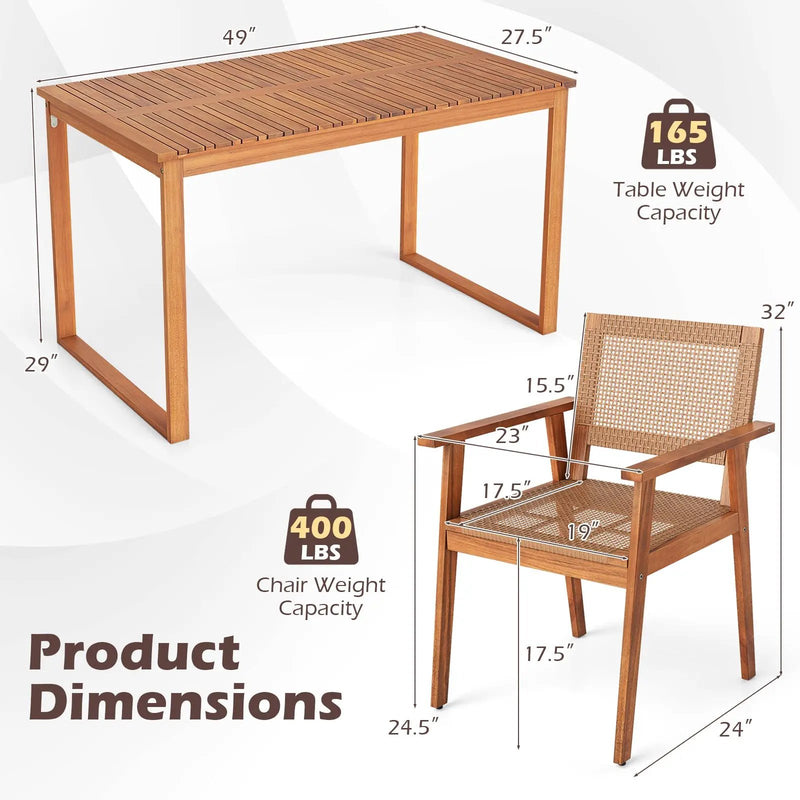 5 Pieces Acacia Wood Dining Set with Outdoor Table and Rattan Chairs for 4 Persons by DirectDeals