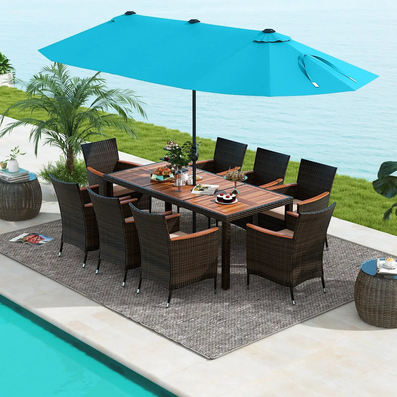 11 Pieces Patio Dining Set 15ft Double-Sided Patio Umbrella (Base Included) and Outdoor Rattan Furniture Set with 8 Stackable Chairs-Turquoise by DirectDeals