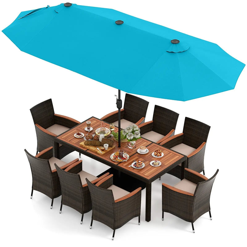 11 Pieces Patio Dining Set 15ft Double-Sided Patio Umbrella (Base Included) and Outdoor Rattan Furniture Set with 8 Stackable Chairs-Turquoise by DirectDeals