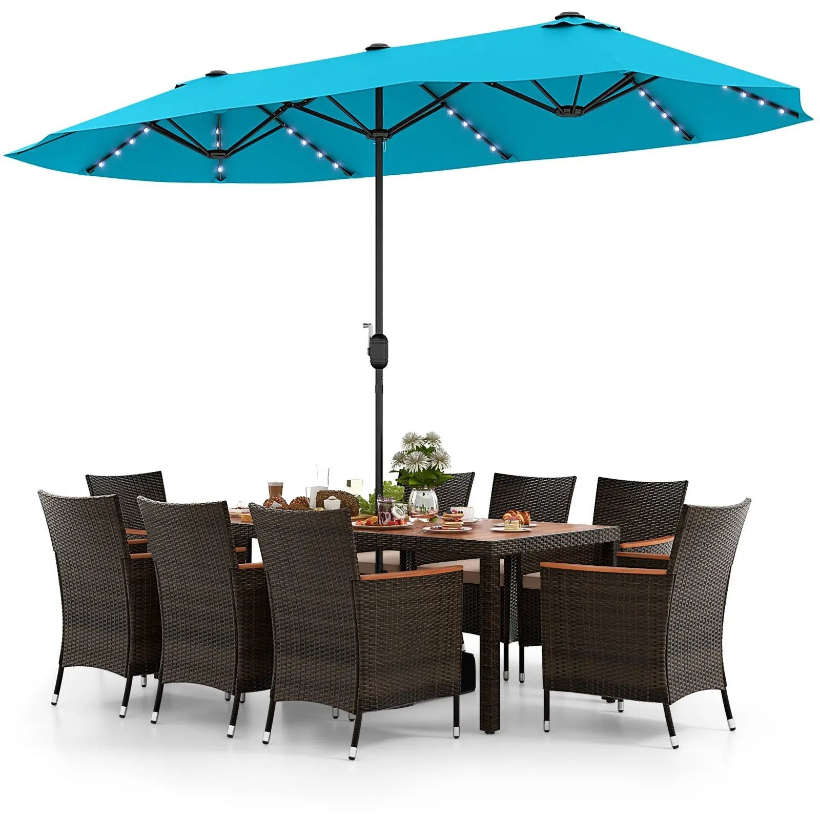 11 Pieces Patio Dining Set 15ft Double-Sided Patio Umbrella (Base Included) and Outdoor Rattan Furniture Set with 8 Stackable Chairs-Turquoise by DirectDeals