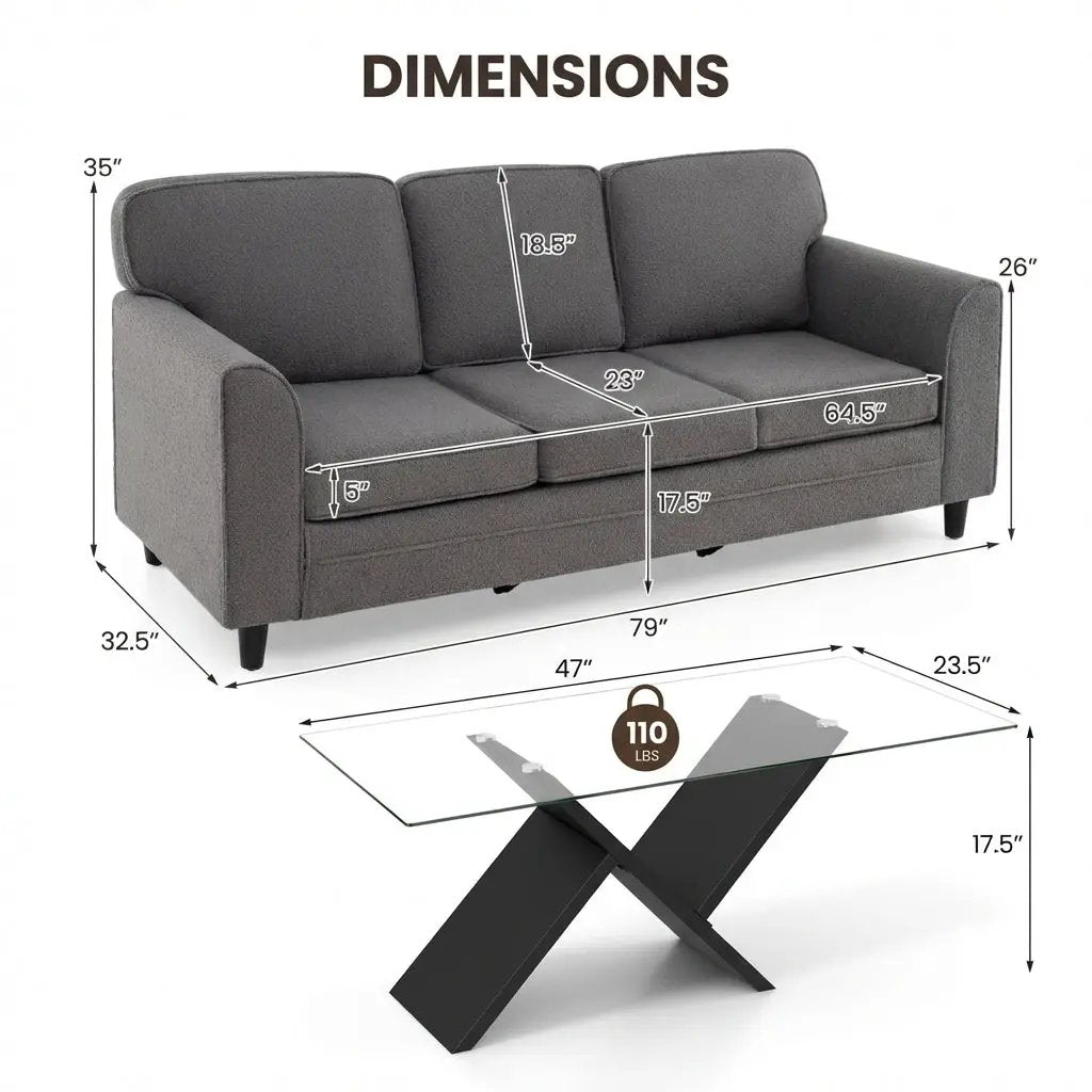 Contemporary Living Room Furniture Suite: Modern 3-Seat Teddy Velvet Sofa + 47-Inch Glass Coffee Table by DirectDeals