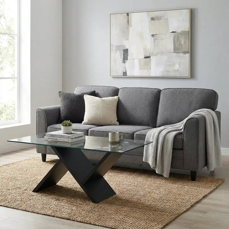 Contemporary Living Room Furniture Suite: Modern 3-Seat Teddy Velvet Sofa + 47-Inch Glass Coffee Table by DirectDeals