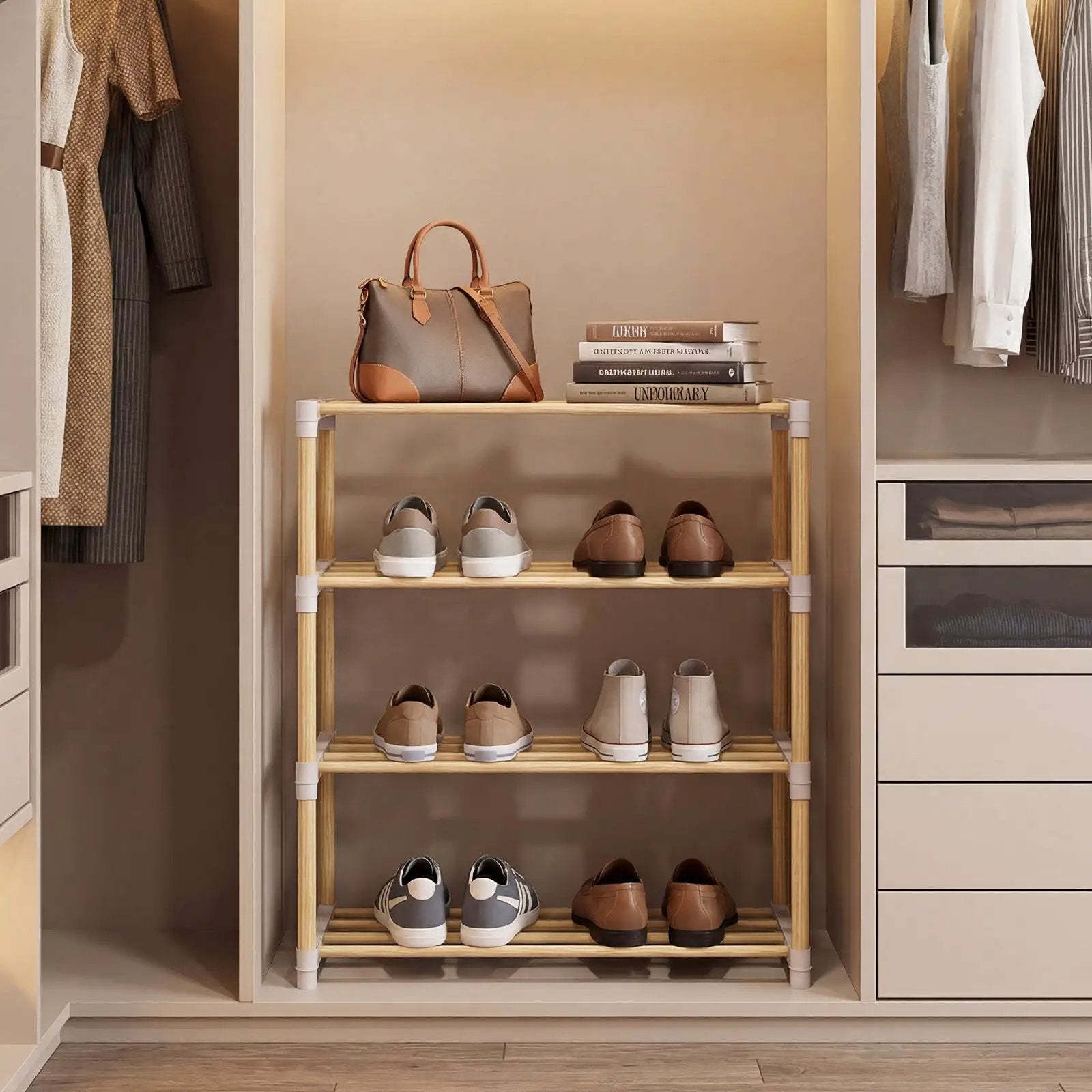 4-Tier Solid Wood Shoe Rack with Slatted Open Shelves-Gray by DirectDeals