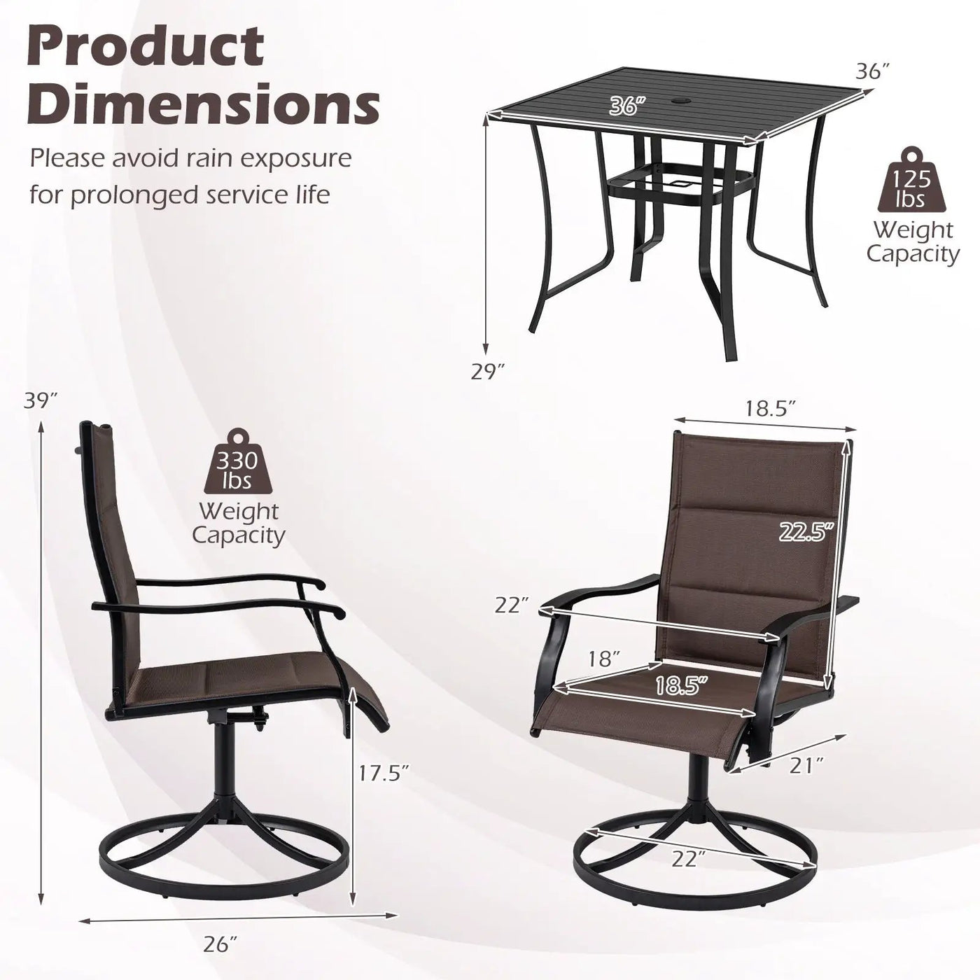 5 Pieces Outdoor Dining Set with 4 Swivel Chairs and 36 Inch Square Patio Table by DirectDeals
