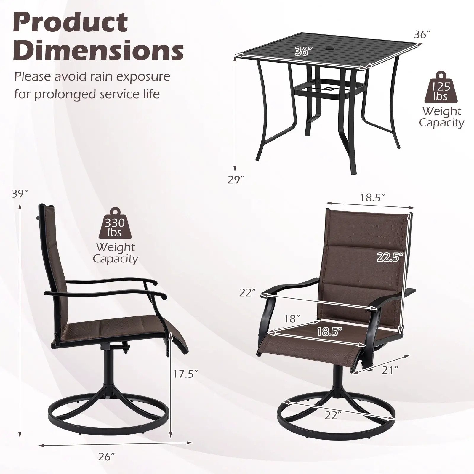 5 Pieces Outdoor Dining Set with 4 Swivel Chairs and 36 Inch Square Patio Table by DirectDeals
