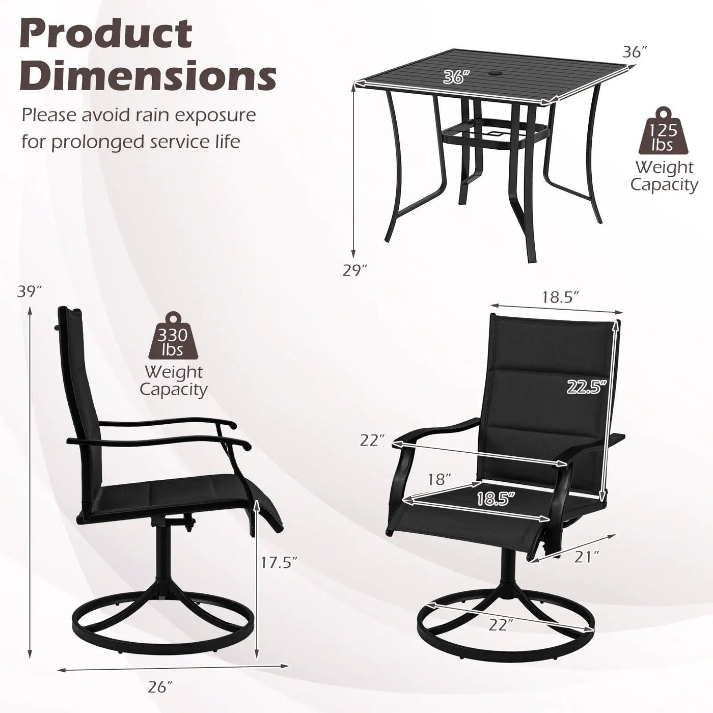 5 Pieces Outdoor Dining Set with 4 Swivel Chairs and 36 Inch Square Patio Table by DirectDeals