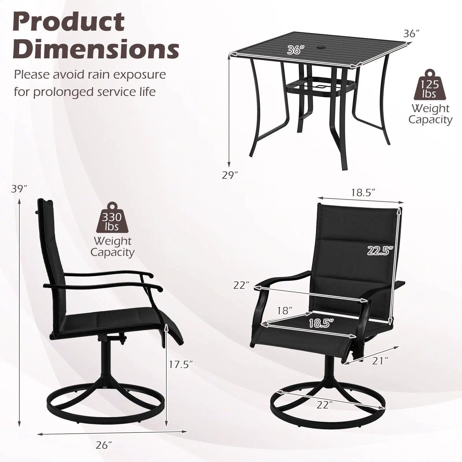 5 Pieces Outdoor Dining Set with 4 Swivel Chairs and 36 Inch Square Patio Table by DirectDeals