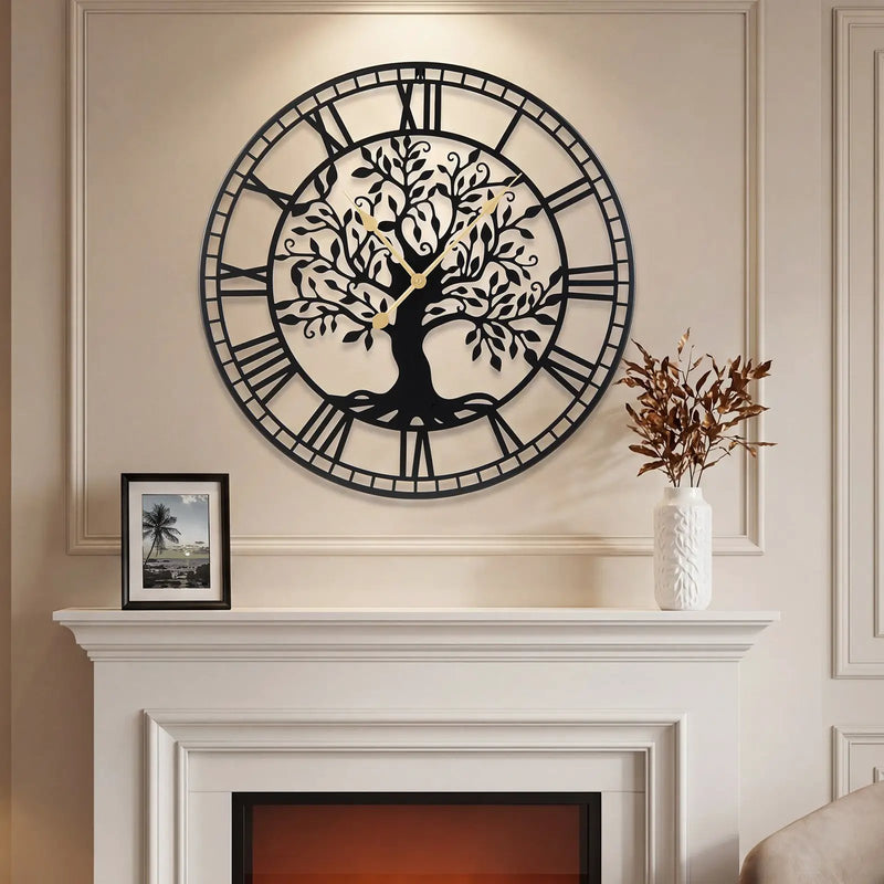 Large Wall Clock 27 Inch Tree of Life Big Metal Wall Clock-Black by DirectDeals