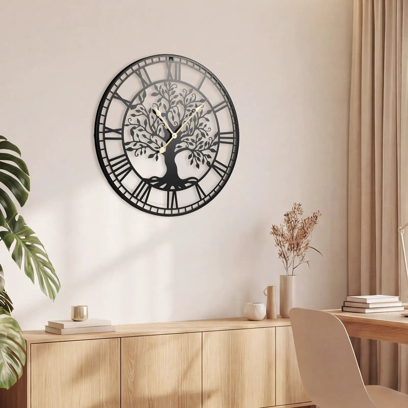 Large Wall Clock 27 Inch Tree of Life Big Metal Wall Clock-Black by DirectDeals