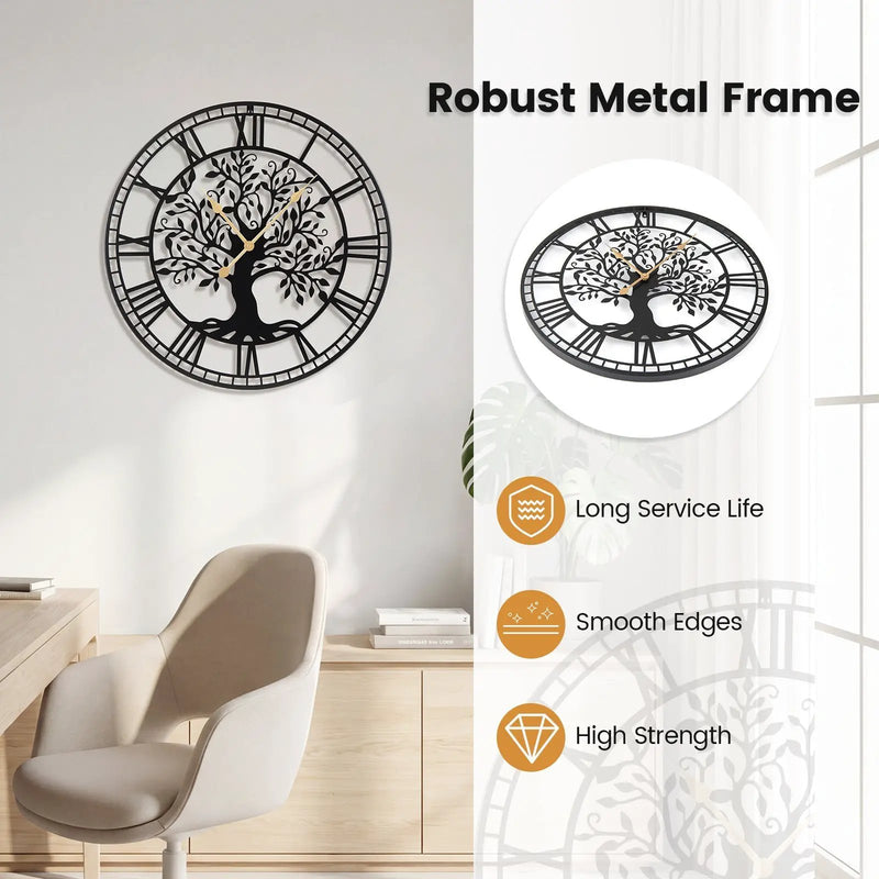 Large Wall Clock 27 Inch Tree of Life Big Metal Wall Clock-Black by DirectDeals