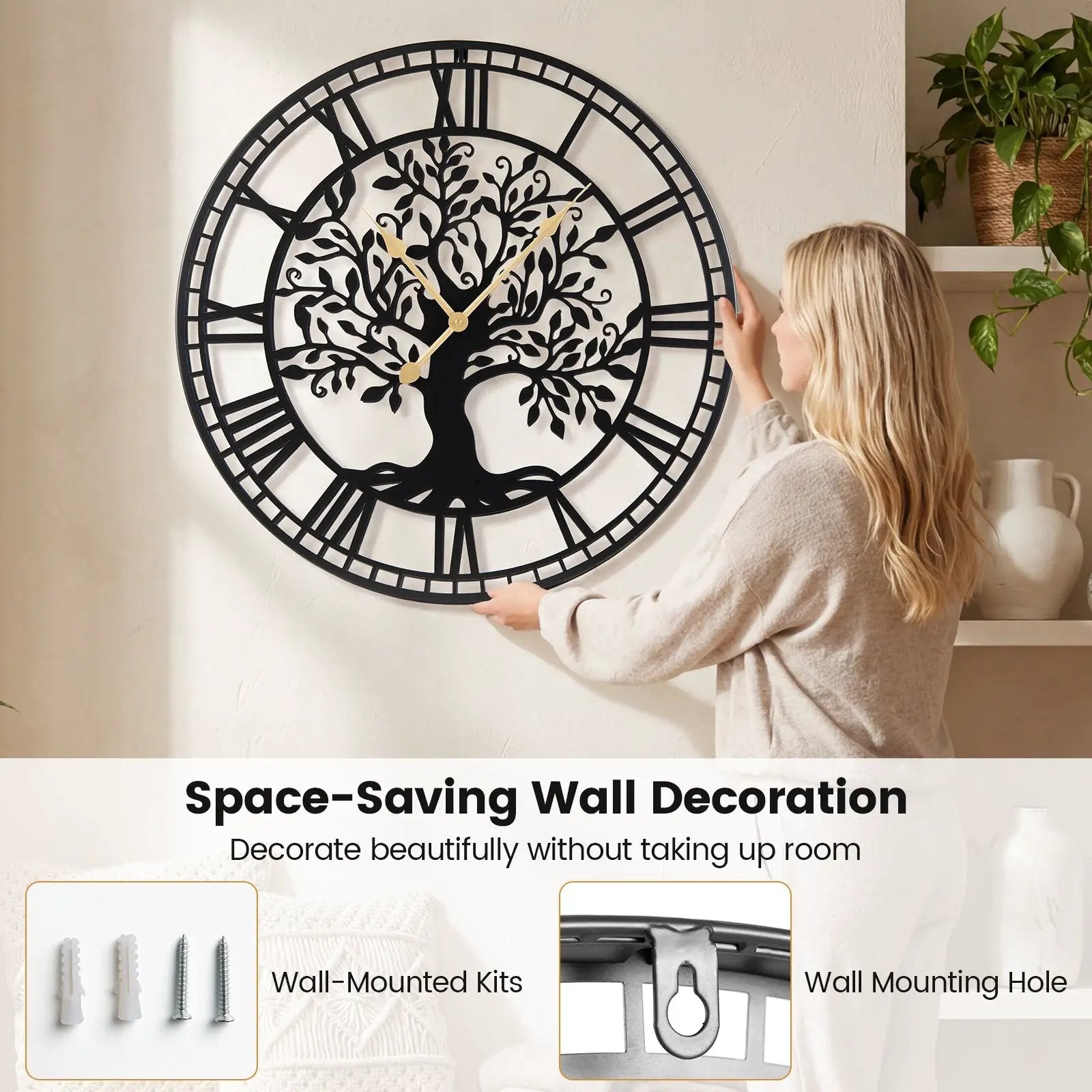 Large Wall Clock 27 Inch Tree of Life Big Metal Wall Clock-Black by DirectDeals