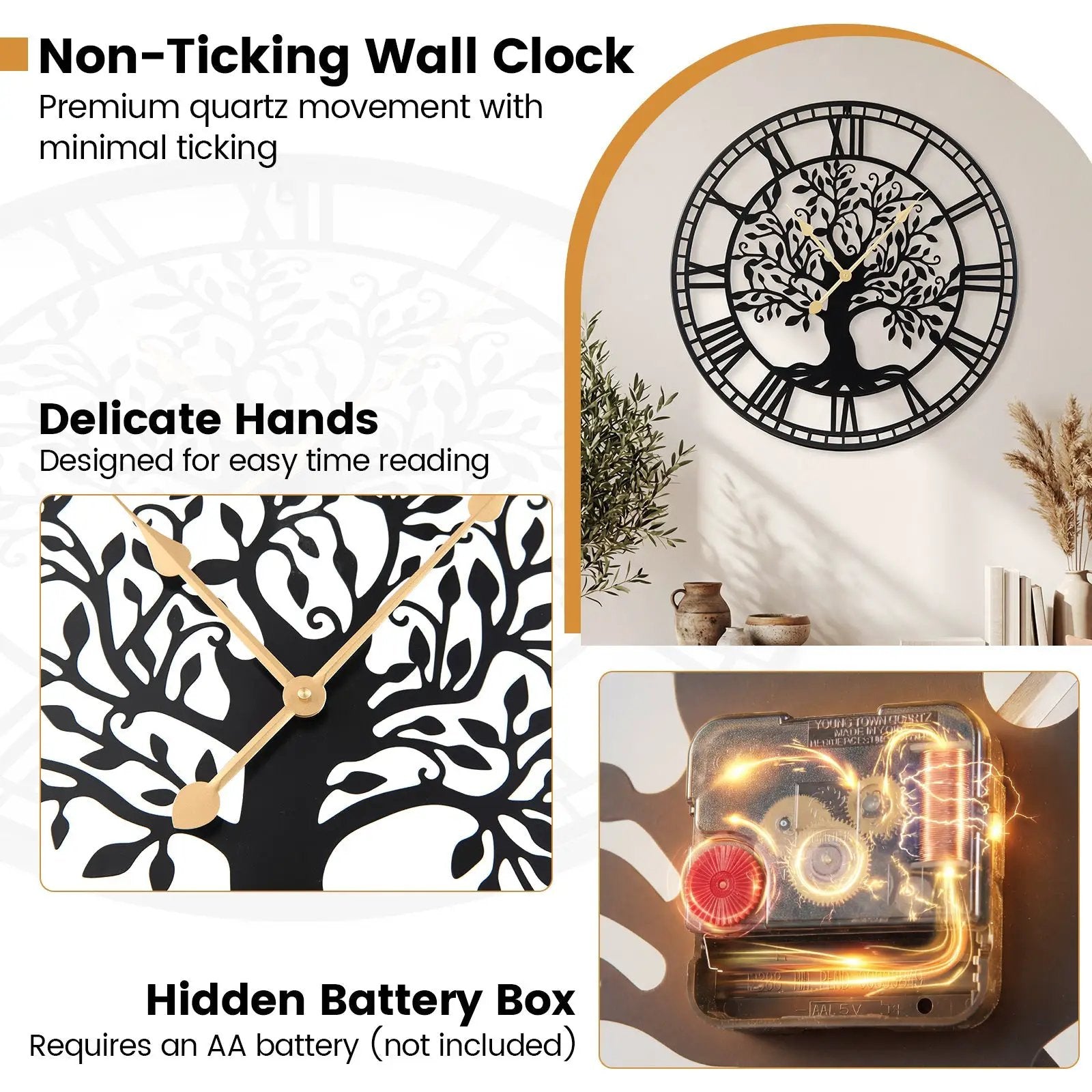 Large Wall Clock 27 Inch Tree of Life Big Metal Wall Clock-Black by DirectDeals