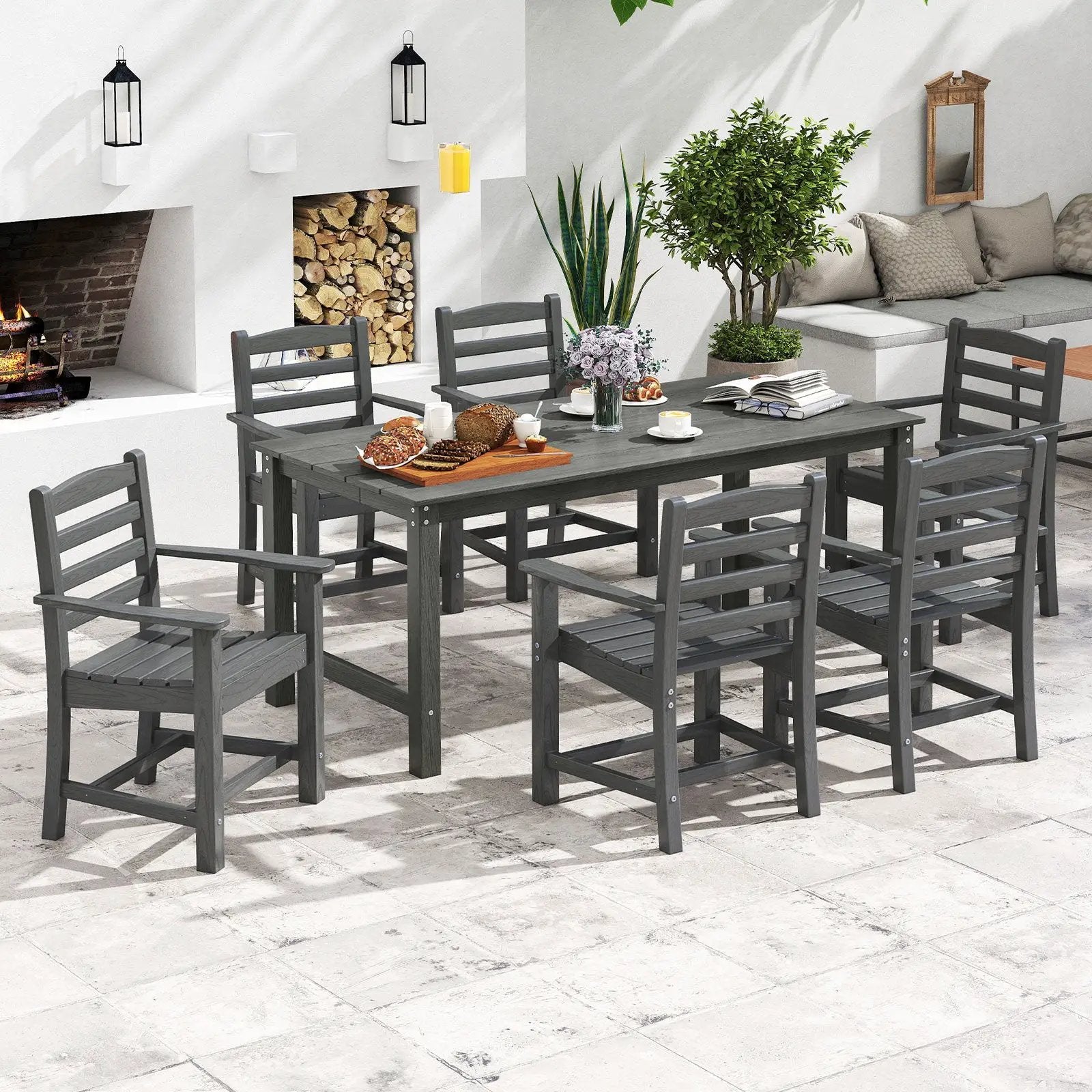 7 Pieces Outdoor Dining Table Set for 6 People 67 Inch HDPE Patio Rectangle Table and 6 Armchairs by DirectDeals