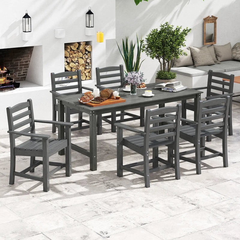 7 Pieces Outdoor Dining Table Set for 6 People 67 Inch HDPE Patio Rectangle Table and 6 Armchairs by DirectDeals