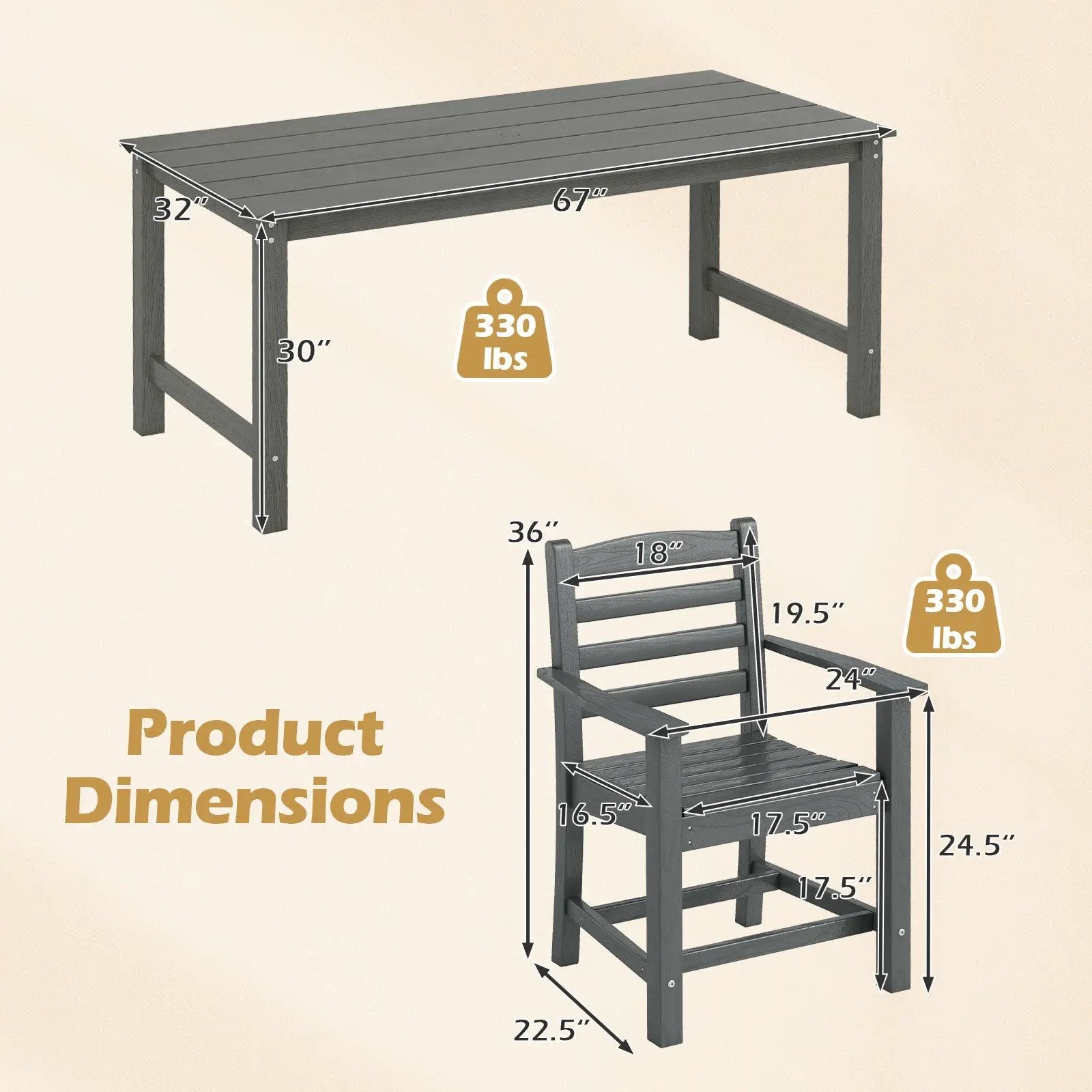 7 Pieces Outdoor Dining Table Set for 6 People 67 Inch HDPE Patio Rectangle Table and 6 Armchairs by DirectDeals