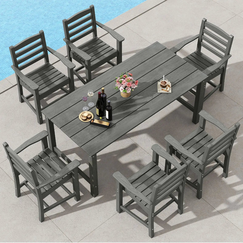 7 Pieces Outdoor Dining Table Set for 6 People 67 Inch HDPE Patio Rectangle Table and 6 Armchairs by DirectDeals