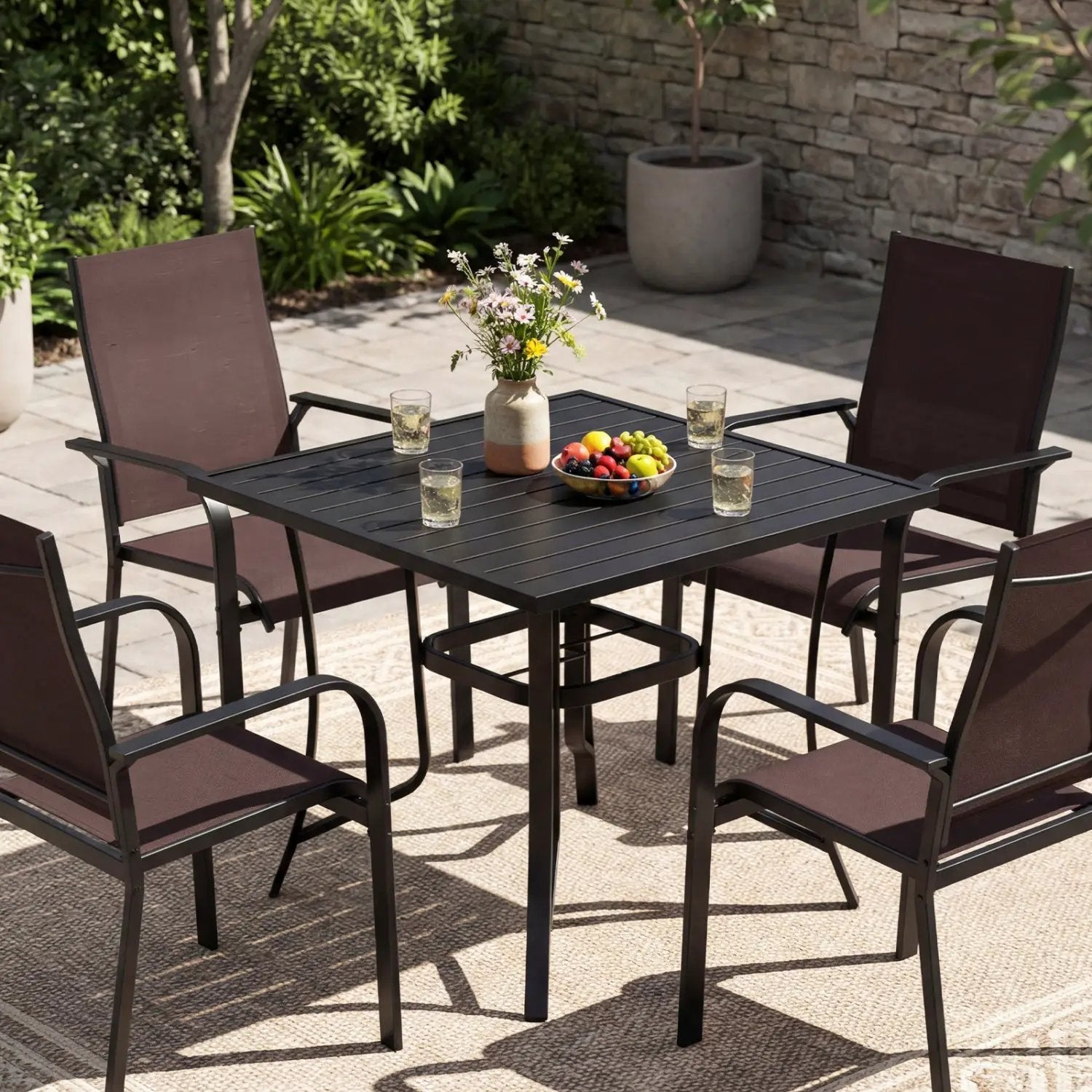 5 Pieces Patio Dining Set for 4 Outdoor Square Table and Stackable Chairs by DirectDeals