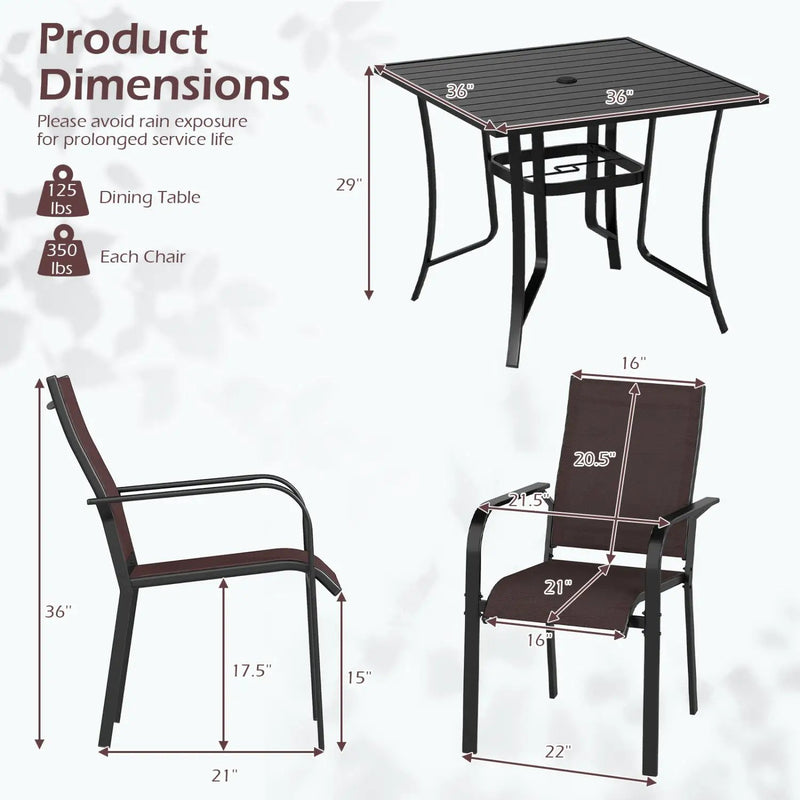 5 Pieces Patio Dining Set for 4 Outdoor Square Table and Stackable Chairs by DirectDeals