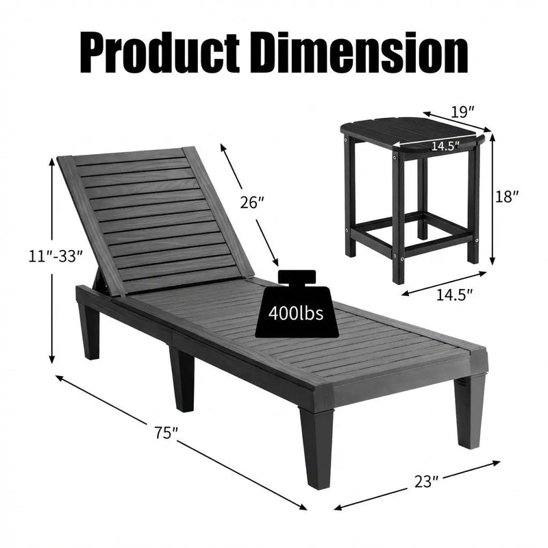 3-Piece Outdoor Adjustable Chaise Lounge Set with 2 Recliners and 1 Side Table for Garden Backyard by DirectDeals