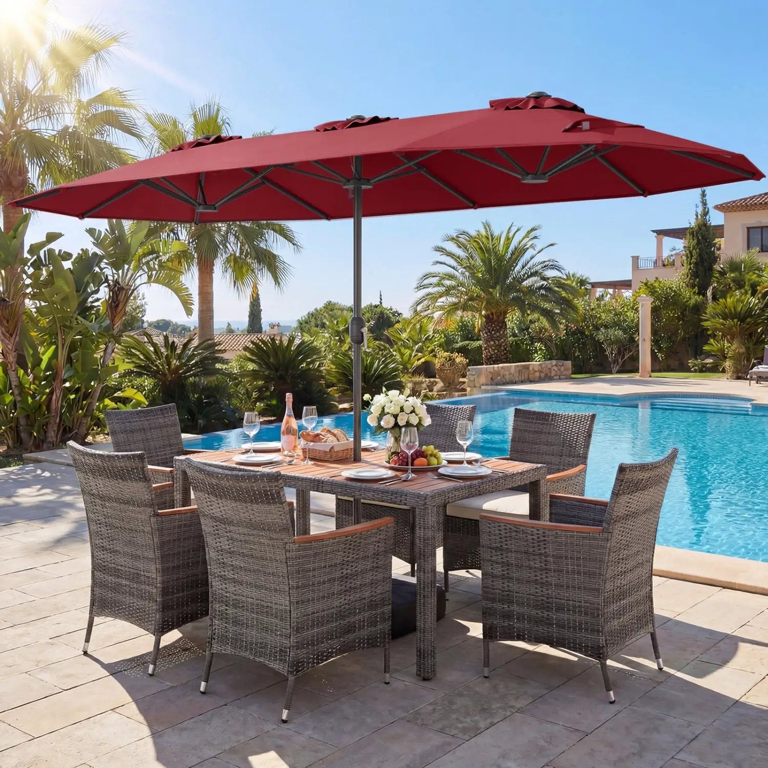 8-Piece Patio Dining Set with Double-Sided Market Umbrella by DirectDeals