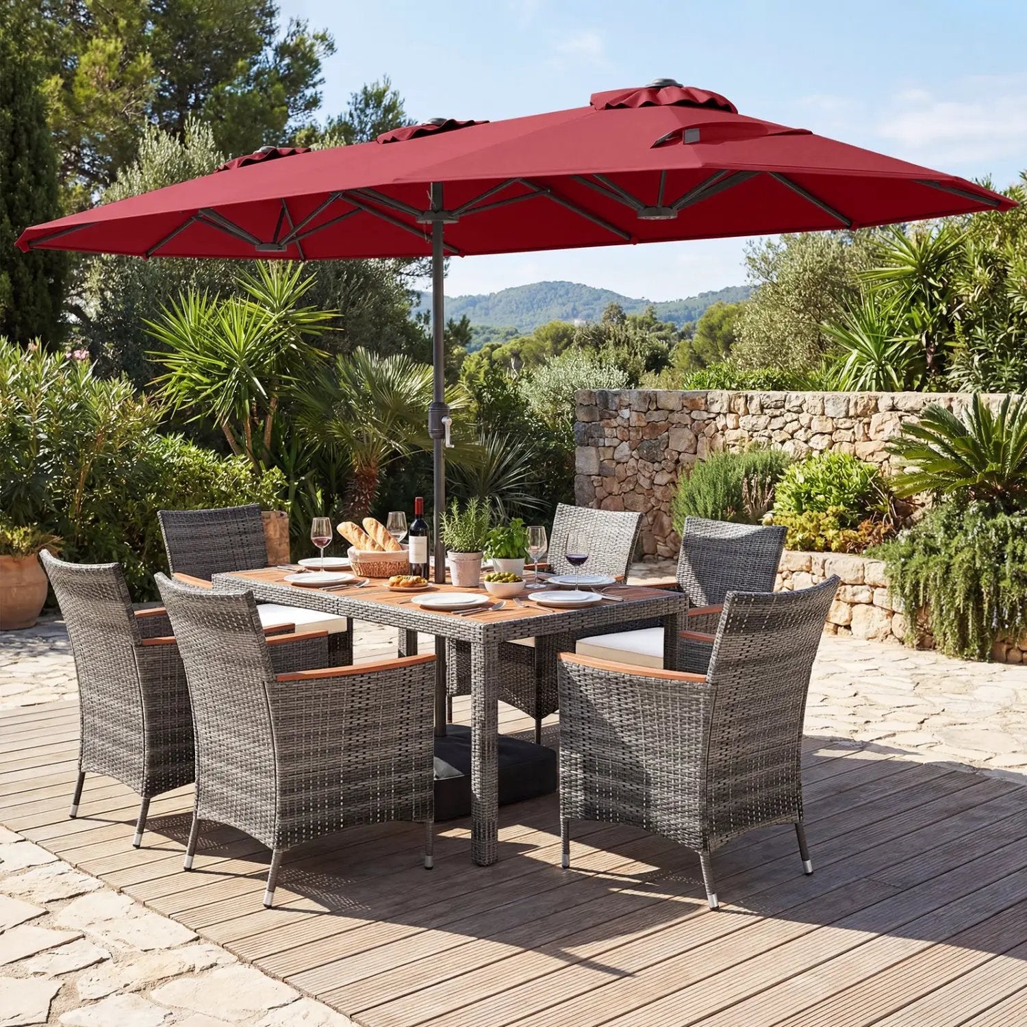 8-Piece Patio Dining Set with Double-Sided Market Umbrella by DirectDeals