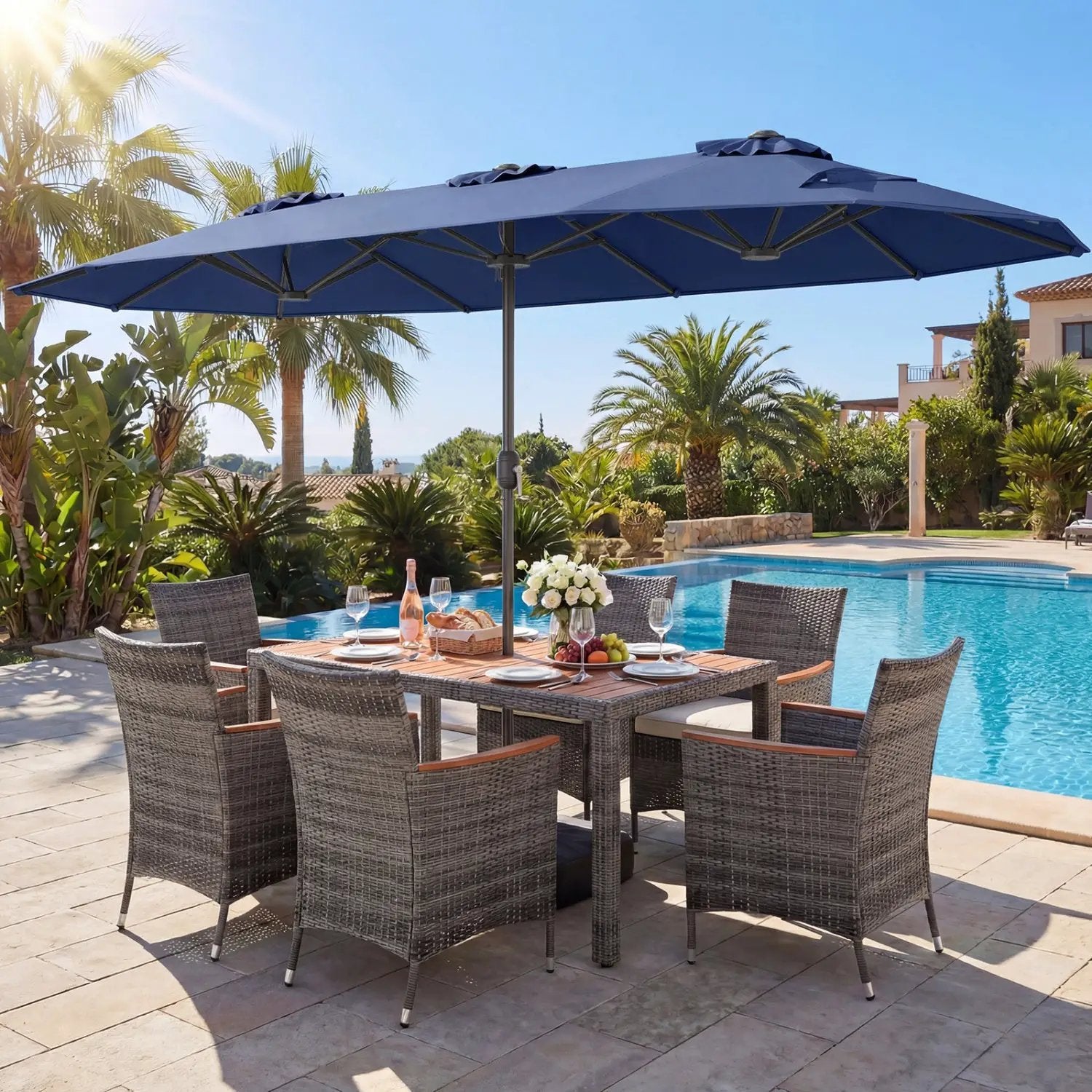 8-Piece Patio Dining Set with Double-Sided Market Umbrella by DirectDeals