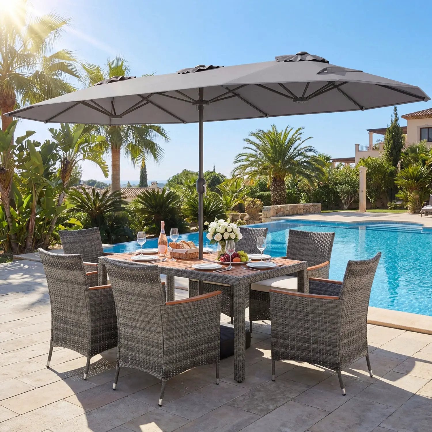 8-Piece Patio Dining Set with Double-Sided Market Umbrella by DirectDeals
